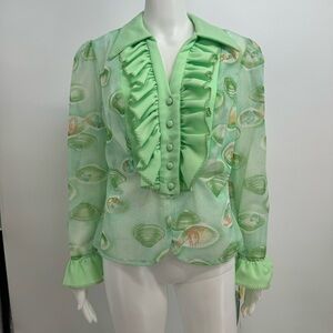 Vintage J. P. Stevens Manners Fashions Blouse Size 16 Green Ruffle Sea Shells